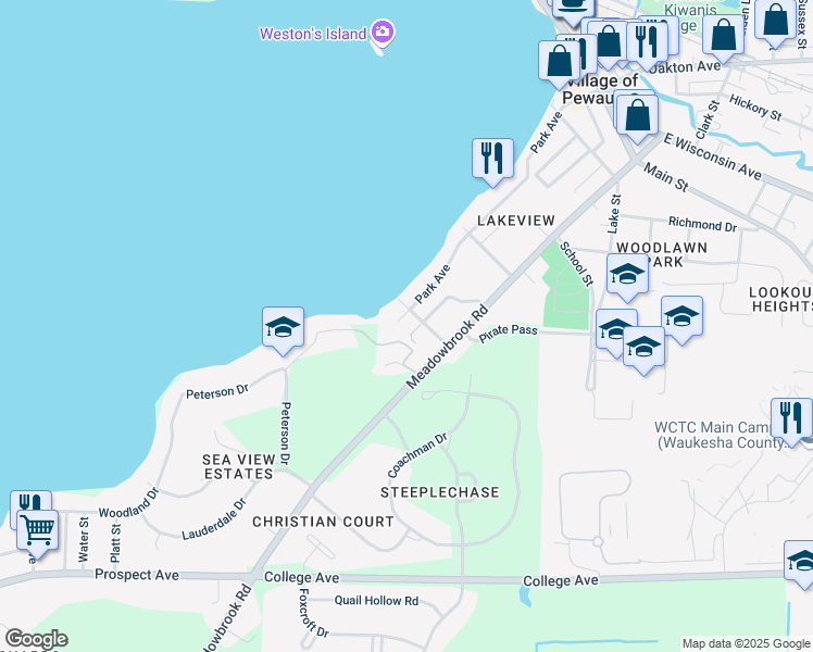 map of restaurants, bars, coffee shops, grocery stores, and more near 516 Park Ave in Pewaukee