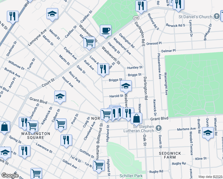 map of restaurants, bars, coffee shops, grocery stores, and more near 130 Berkshire Avenue in Syracuse