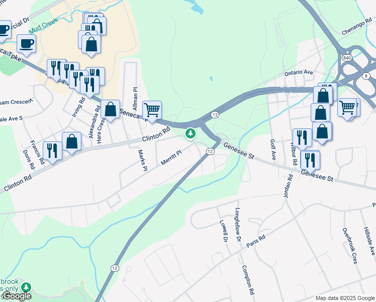 map of restaurants, bars, coffee shops, grocery stores, and more near 13 Merritt Place in New Hartford