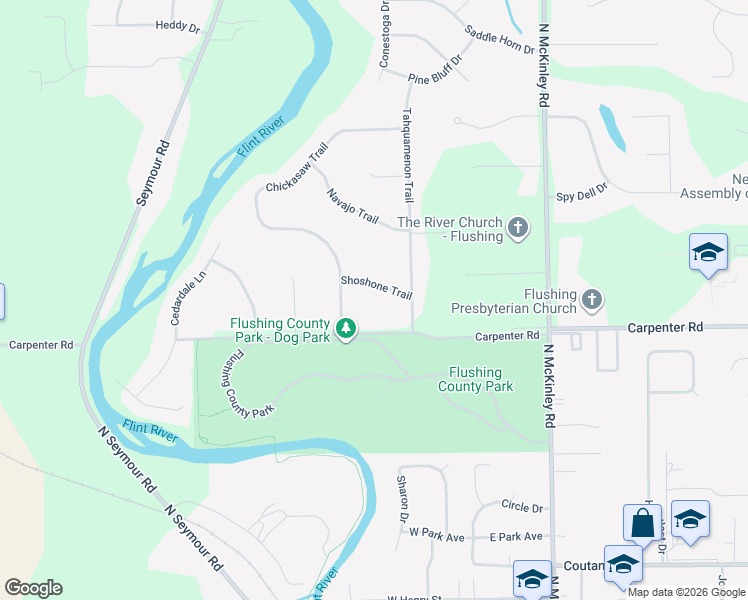 map of restaurants, bars, coffee shops, grocery stores, and more near 9197 Shoshone Trail in Flushing