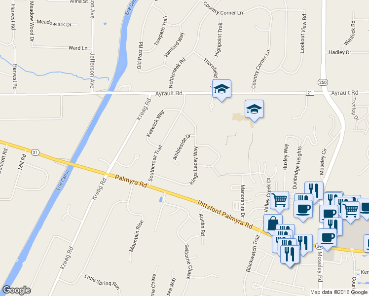 map of restaurants, bars, coffee shops, grocery stores, and more near 12 Ambleside Drive in Fairport
