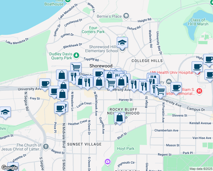 map of restaurants, bars, coffee shops, grocery stores, and more near 3320 University Avenue in Madison
