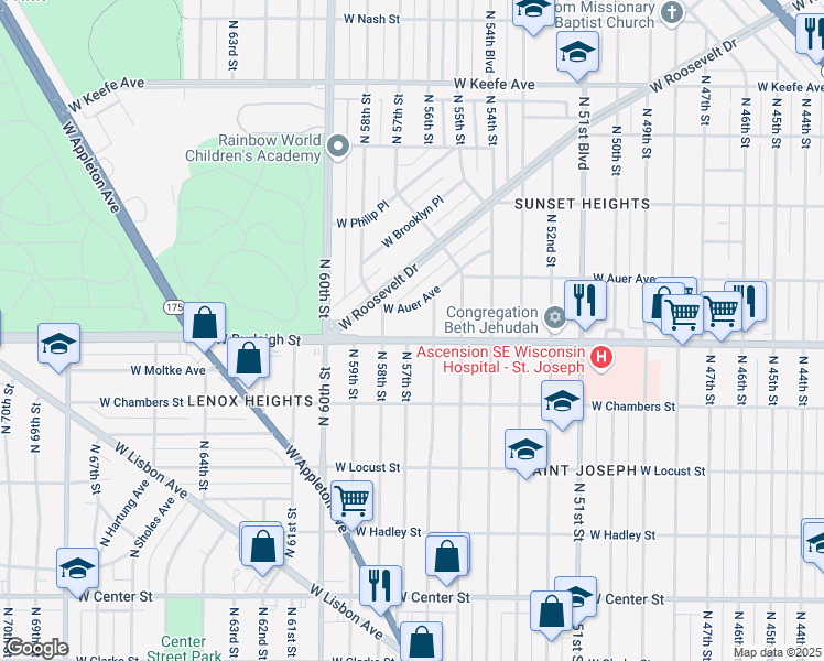 map of restaurants, bars, coffee shops, grocery stores, and more near 5624 West Burleigh Street in Milwaukee
