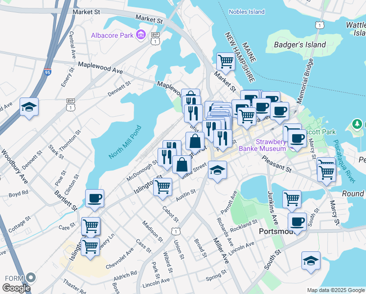 map of restaurants, bars, coffee shops, grocery stores, and more near 30 Parker Street in Portsmouth