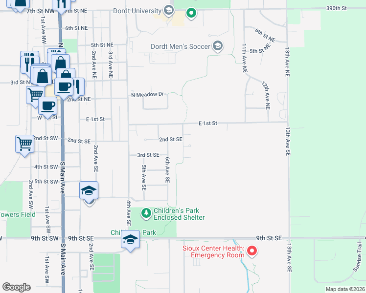 map of restaurants, bars, coffee shops, grocery stores, and more near 281 7th Avenue Southeast in Sioux Center