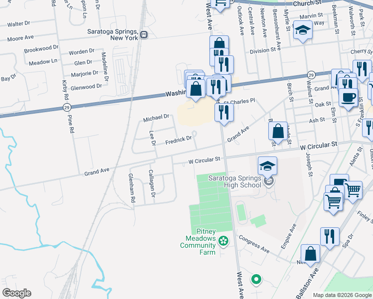 map of restaurants, bars, coffee shops, grocery stores, and more near 324 Grand Avenue in Saratoga Springs