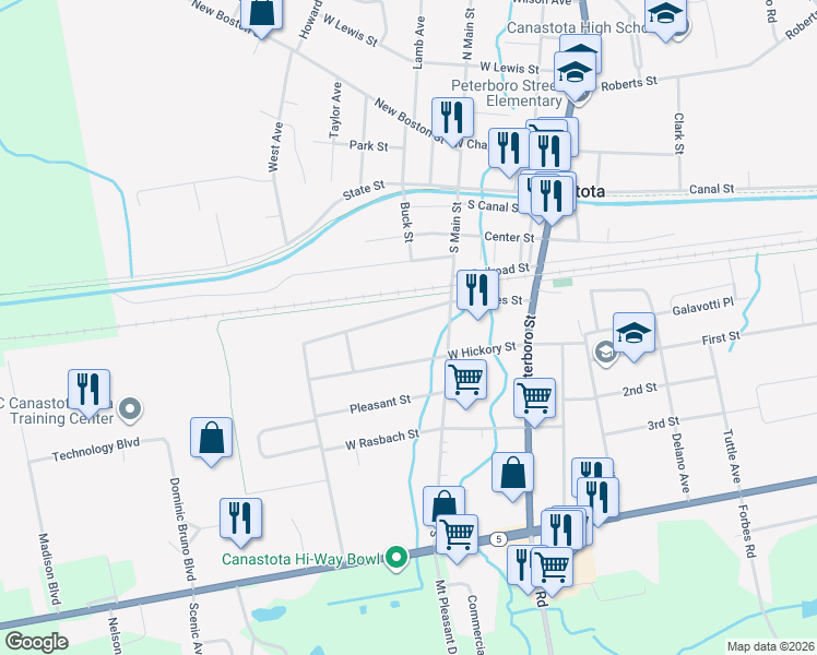 map of restaurants, bars, coffee shops, grocery stores, and more near 219 James Street in Canastota