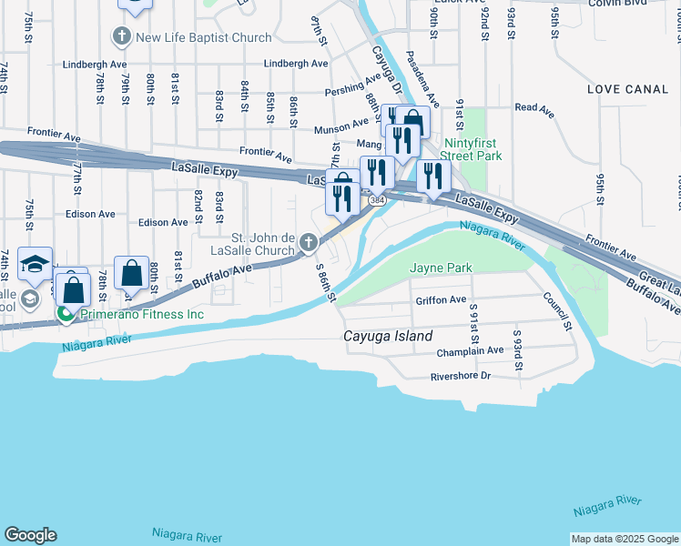 map of restaurants, bars, coffee shops, grocery stores, and more near 50 South 87th Street in Niagara Falls