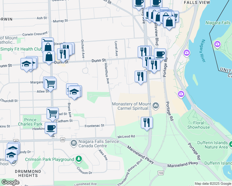 map of restaurants, bars, coffee shops, grocery stores, and more near 6928 Ailanthus Avenue in Niagara Falls