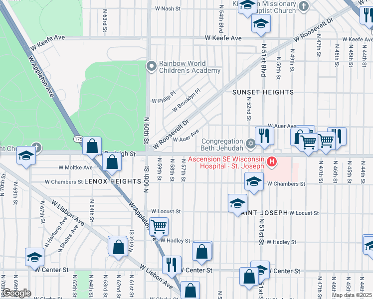 map of restaurants, bars, coffee shops, grocery stores, and more near 5624 West Burleigh Street in Milwaukee