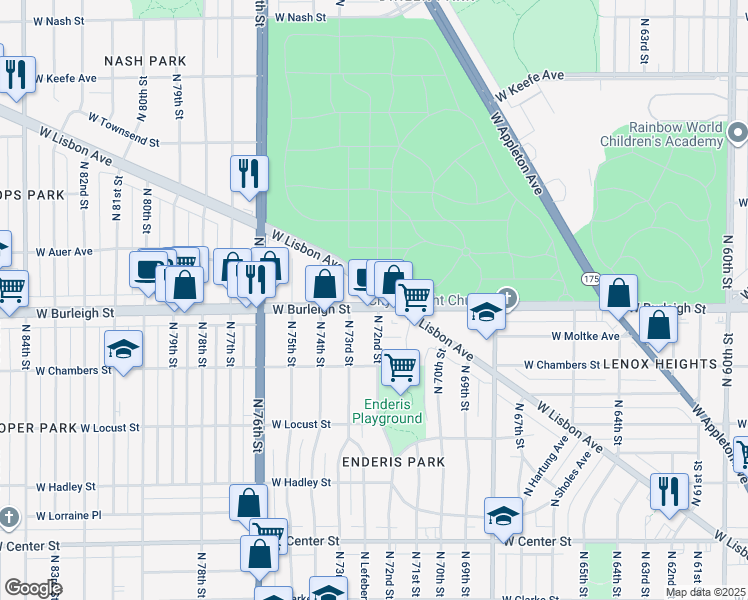 map of restaurants, bars, coffee shops, grocery stores, and more near 7170 West Burleigh Street in Milwaukee