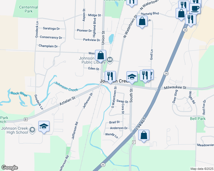 map of restaurants, bars, coffee shops, grocery stores, and more near 113 Milwaukee Street in Johnson Creek