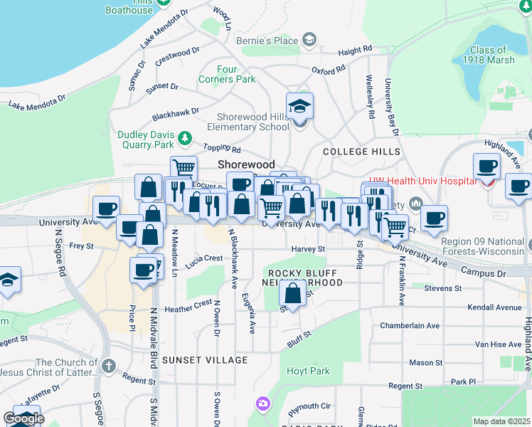 map of restaurants, bars, coffee shops, grocery stores, and more near 3320 University Avenue in Madison