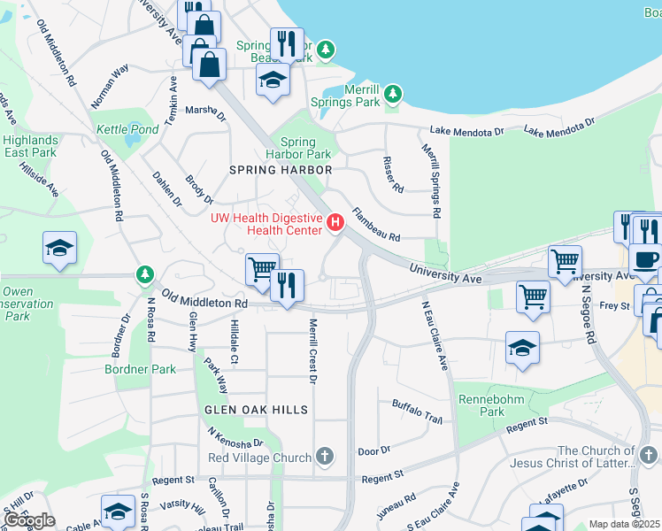 map of restaurants, bars, coffee shops, grocery stores, and more near 727 University Row in Madison