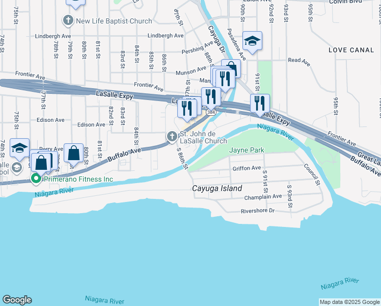 map of restaurants, bars, coffee shops, grocery stores, and more near 51 South 86th Street in Niagara Falls