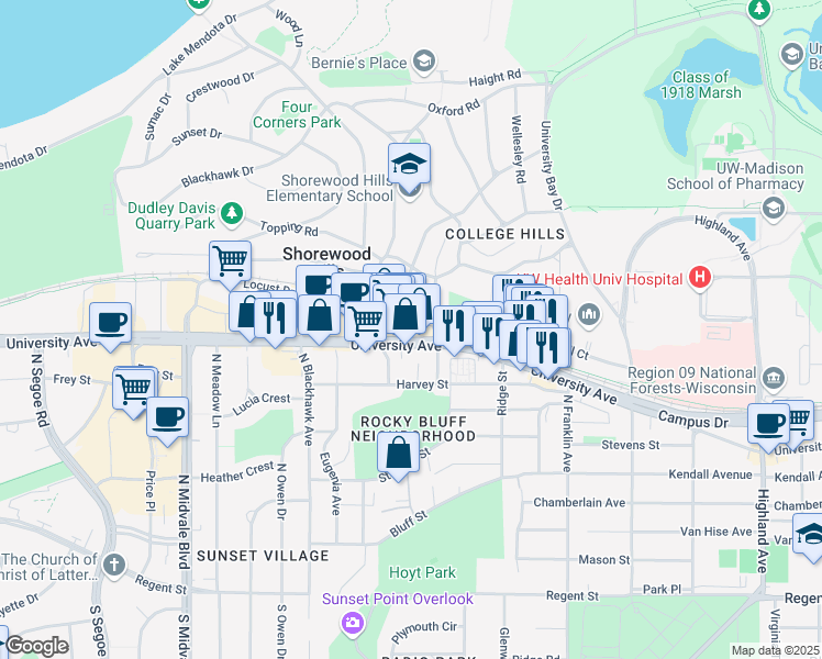 map of restaurants, bars, coffee shops, grocery stores, and more near 3224 University Avenue in Madison