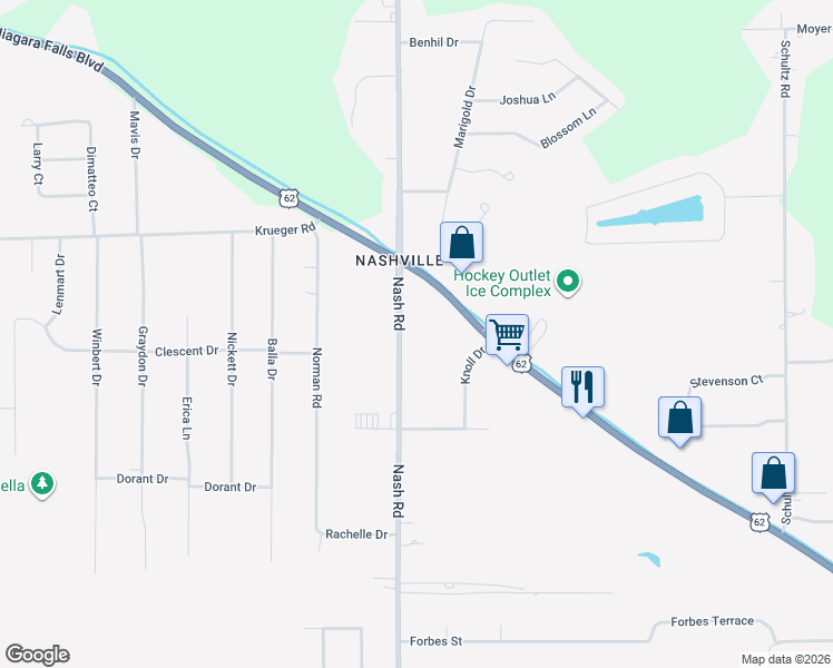 map of restaurants, bars, coffee shops, grocery stores, and more near 7233 Nash Road in North Tonawanda