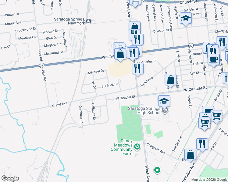 map of restaurants, bars, coffee shops, grocery stores, and more near 324 Grand Avenue in Saratoga Springs