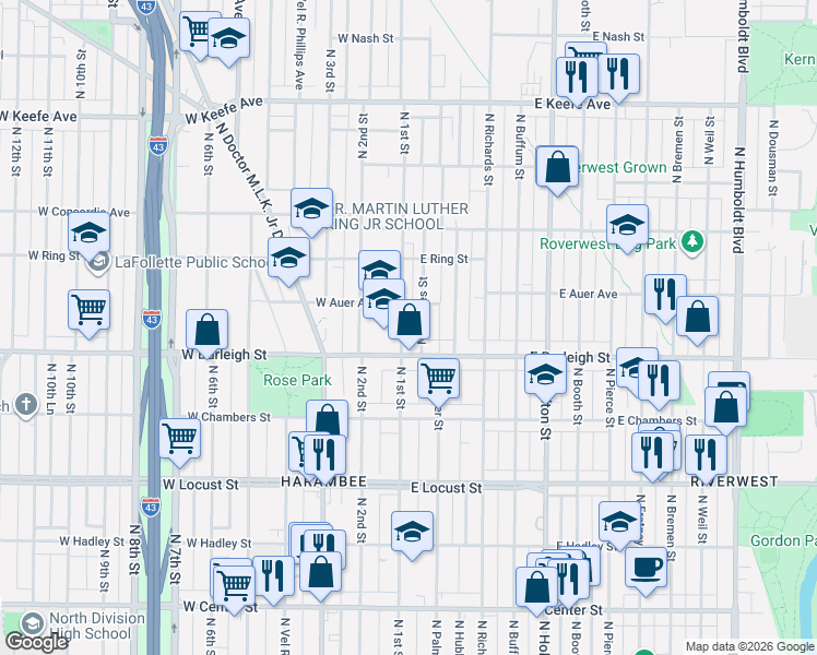 map of restaurants, bars, coffee shops, grocery stores, and more near 3134-3136 North 1st Street in Milwaukee