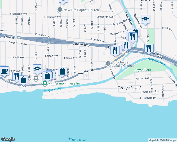 map of restaurants, bars, coffee shops, grocery stores, and more near 2 South 84th Street in Niagara Falls