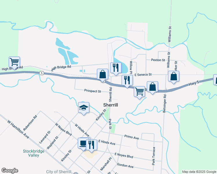 map of restaurants, bars, coffee shops, grocery stores, and more near 143 Sherrill Road in Sherrill