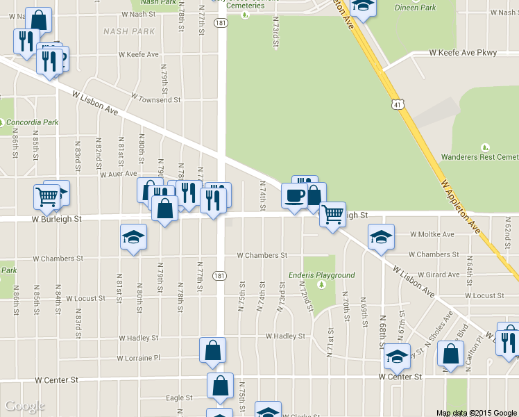 map of restaurants, bars, coffee shops, grocery stores, and more near 7400 West Burleigh Street in Milwaukee