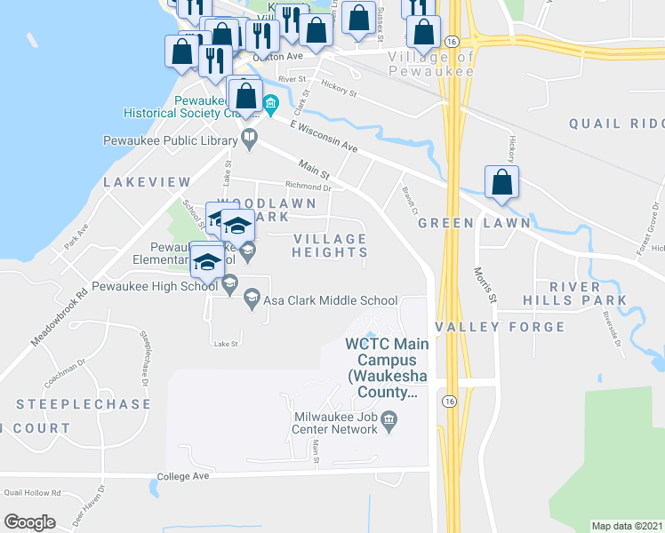 map of restaurants, bars, coffee shops, grocery stores, and more near 453 Leanore Court in Pewaukee
