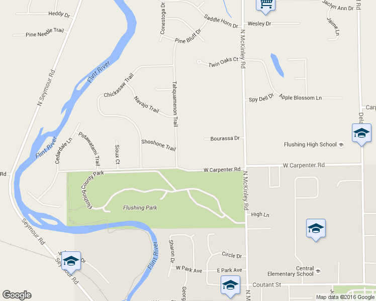map of restaurants, bars, coffee shops, grocery stores, and more near 5040 Tahquamenon Trail in Flushing