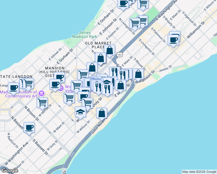 map of restaurants, bars, coffee shops, grocery stores, and more near 127 South Butler Street in Madison