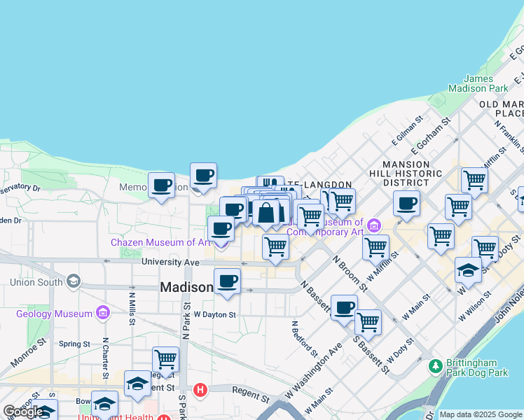 map of restaurants, bars, coffee shops, grocery stores, and more near 611 Langdon Street in Madison