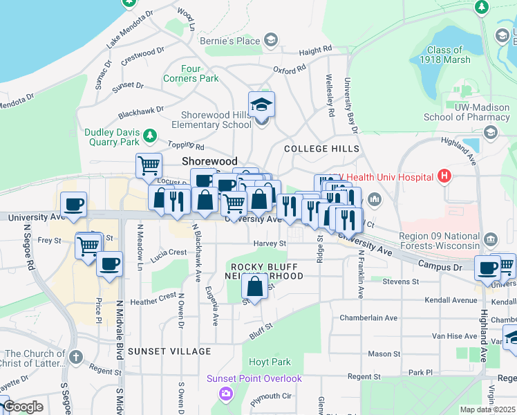 map of restaurants, bars, coffee shops, grocery stores, and more near 3224 University Avenue in Madison