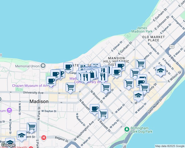 map of restaurants, bars, coffee shops, grocery stores, and more near 30 North Henry Street in Madison
