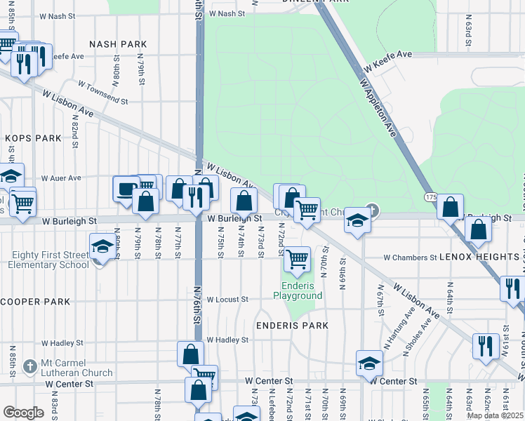 map of restaurants, bars, coffee shops, grocery stores, and more near 7234 West Burleigh Street in Milwaukee