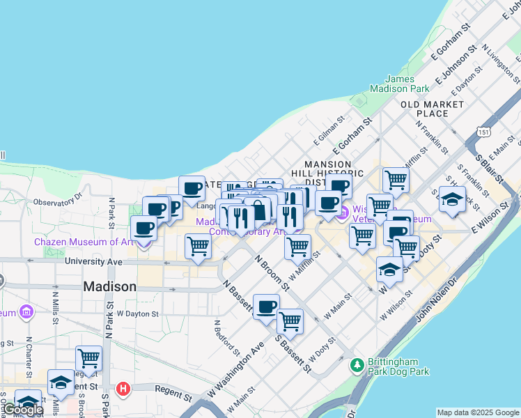 map of restaurants, bars, coffee shops, grocery stores, and more near 414 North Henry Street in Madison