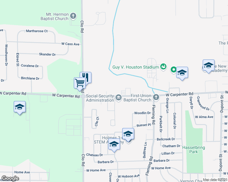 map of restaurants, bars, coffee shops, grocery stores, and more near 2408 West Carpenter Road in Flint