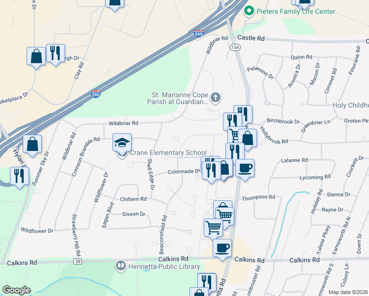 map of restaurants, bars, coffee shops, grocery stores, and more near 26 Mountbatten St in Rochester