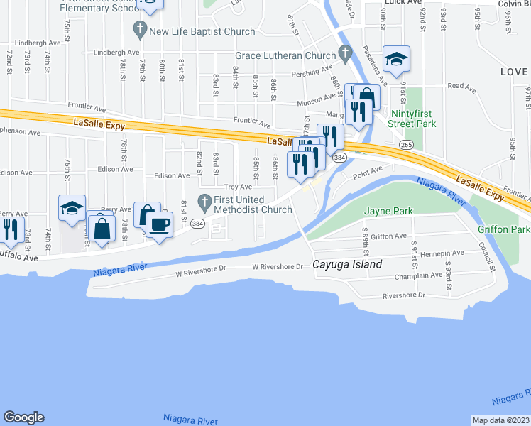 map of restaurants, bars, coffee shops, grocery stores, and more near 8441 Buffalo Avenue in Niagara Falls