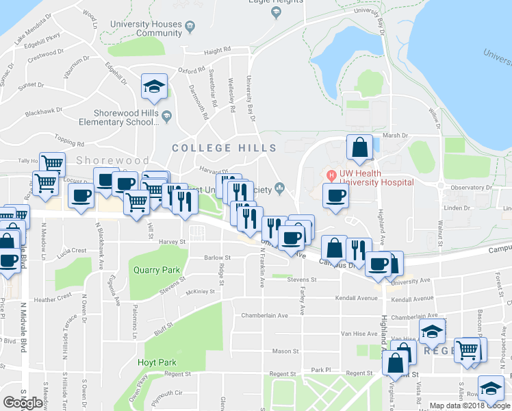 map of restaurants, bars, coffee shops, grocery stores, and more near 2800 Marshall Court in Madison
