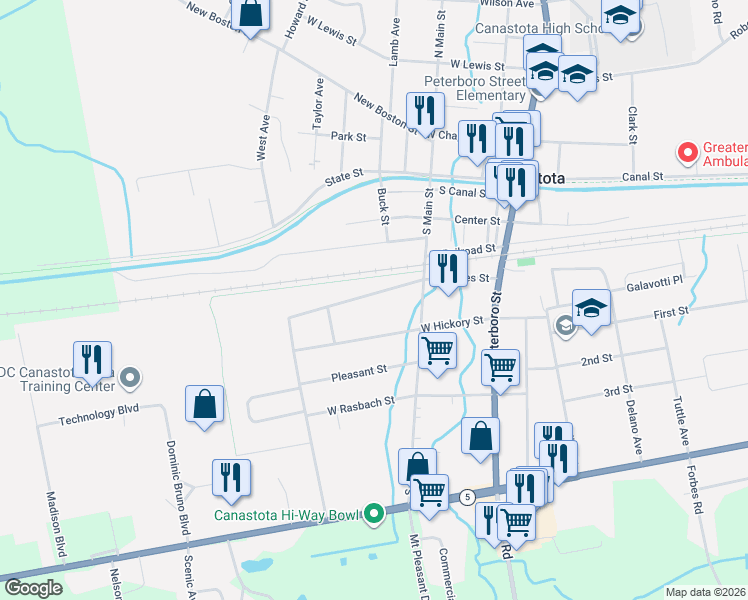 map of restaurants, bars, coffee shops, grocery stores, and more near 218 James Street in Canastota