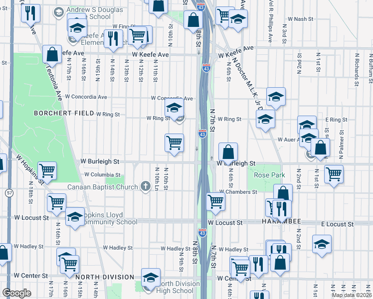 map of restaurants, bars, coffee shops, grocery stores, and more near 3122 North 9th Street in Milwaukee