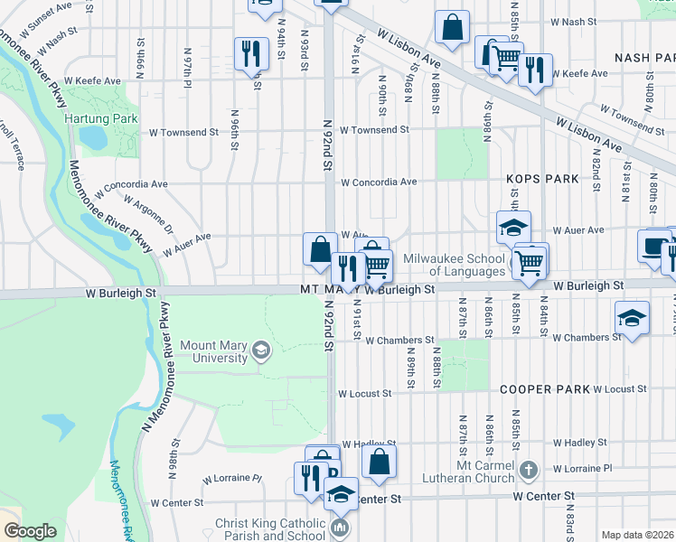 map of restaurants, bars, coffee shops, grocery stores, and more near 3120 North 92nd Street in Milwaukee
