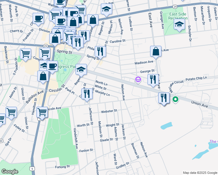 map of restaurants, bars, coffee shops, grocery stores, and more near 115 White Street in Saratoga Springs