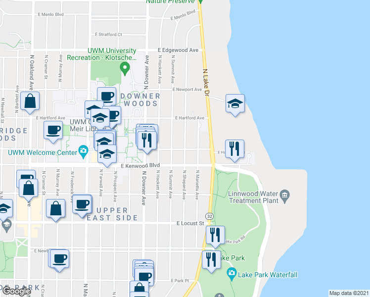 map of restaurants, bars, coffee shops, grocery stores, and more near 3132 North Shepard Avenue in Milwaukee