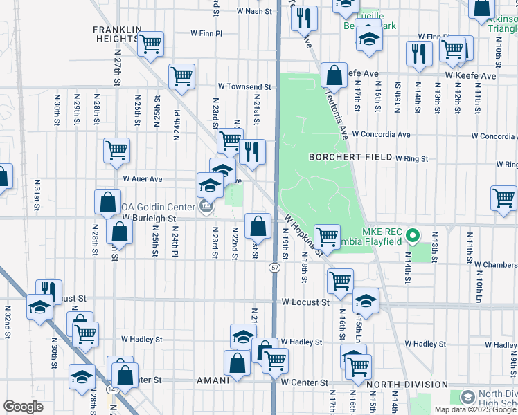 map of restaurants, bars, coffee shops, grocery stores, and more near 3111 North 21st Street in Milwaukee