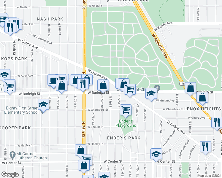 map of restaurants, bars, coffee shops, grocery stores, and more near 7240 West Burleigh Street in Milwaukee