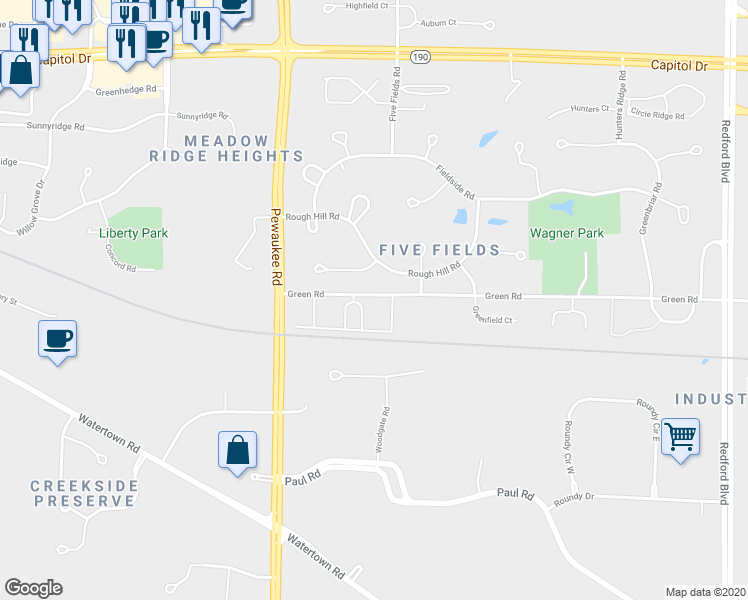 map of restaurants, bars, coffee shops, grocery stores, and more near N30W23789 Green Road in Pewaukee