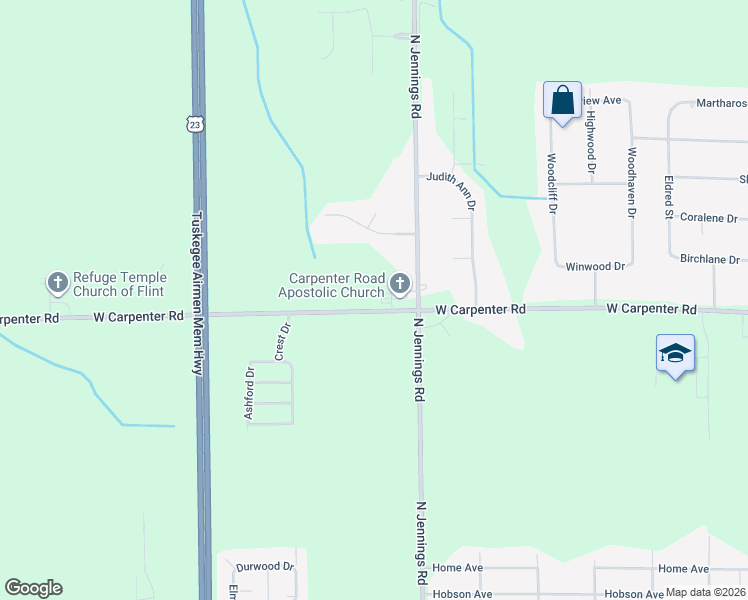 map of restaurants, bars, coffee shops, grocery stores, and more near 4048 West Carpenter Road in Flint