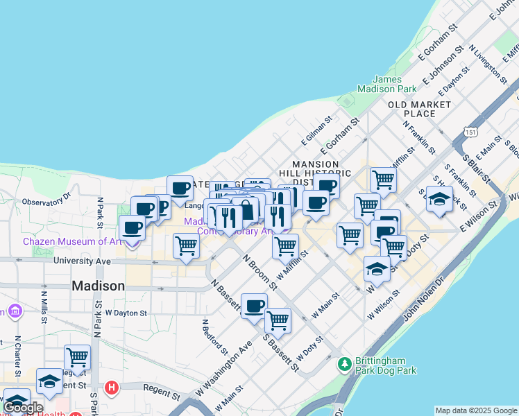 map of restaurants, bars, coffee shops, grocery stores, and more near 150 West Gorham Street in Madison