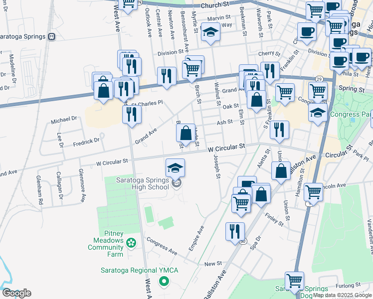 map of restaurants, bars, coffee shops, grocery stores, and more near 221 West Circular Street in Saratoga Springs