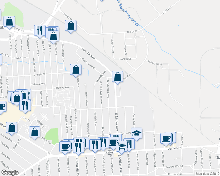 map of restaurants, bars, coffee shops, grocery stores, and more near 372 North Edwards Avenue in Syracuse